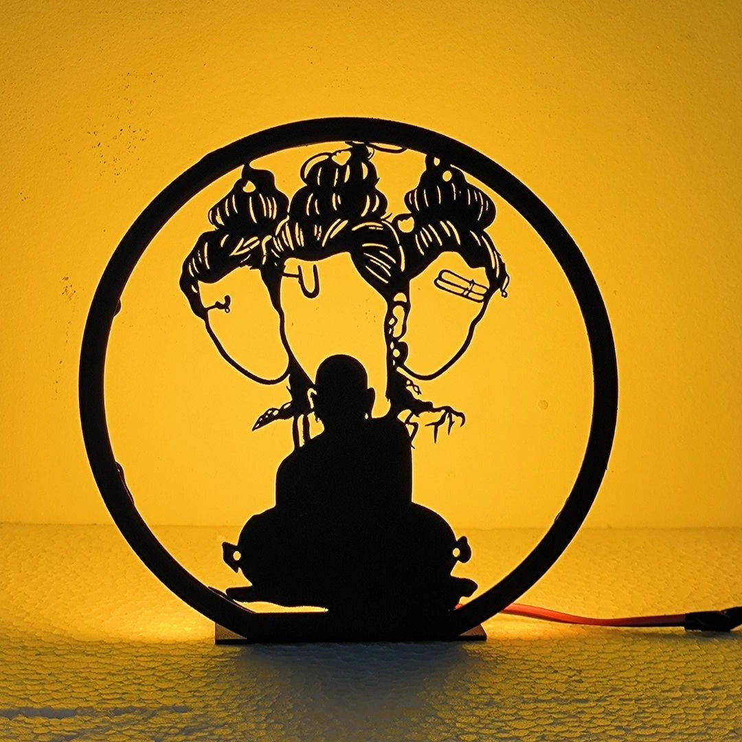 Lord Swami Samarth Table Lamp glowing warm LED light on table, front view