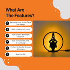 Lord Vitthal Table Lamp features infographic showing warm LED, durable material, 6-inch size, and gift use