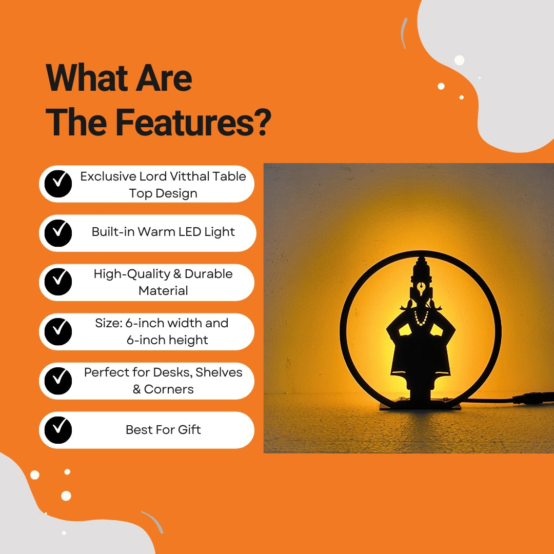 Lord Vitthal Table Lamp features infographic showing warm LED, durable material, 6-inch size, and gift use