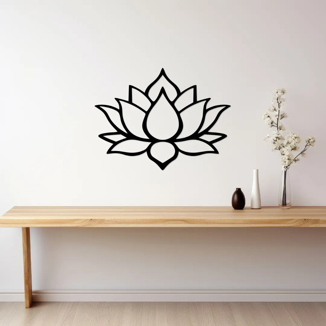 Lotus flower metal wall art above console table