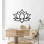 Lotus flower metal wall art above rustic console and chair