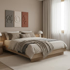 MDF wall art set of 3 displayed above bed in neutral minimalist bedroom