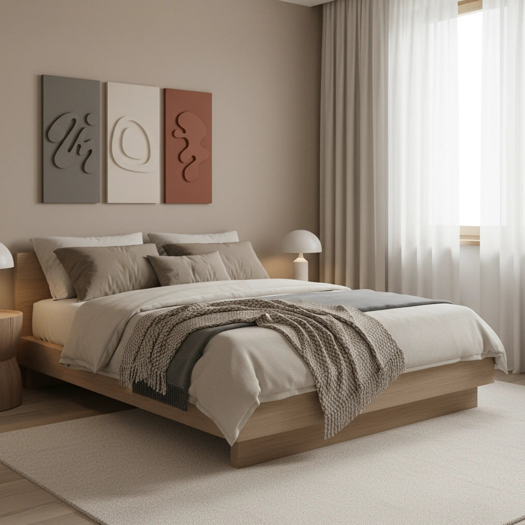 MDF wall art set of 3 displayed above bed in neutral minimalist bedroom