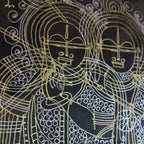 Macro shot of intricate hand-drawn ink linework on Radha-Krishna artwork
