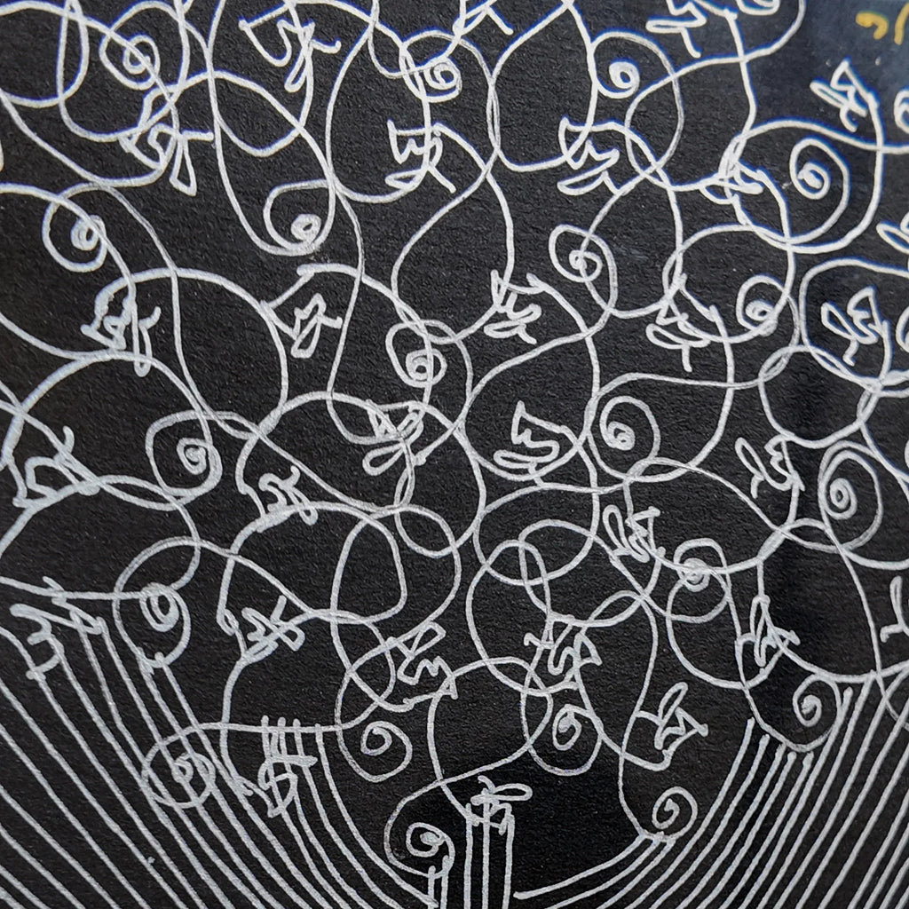Macro shot of intricate hand-drawn ink linework on Tree of Life artwork

