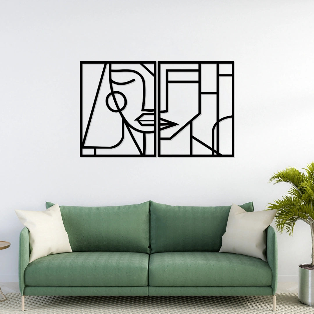Matte black abstract face line art metal wall decor set of 2 panels above sofa