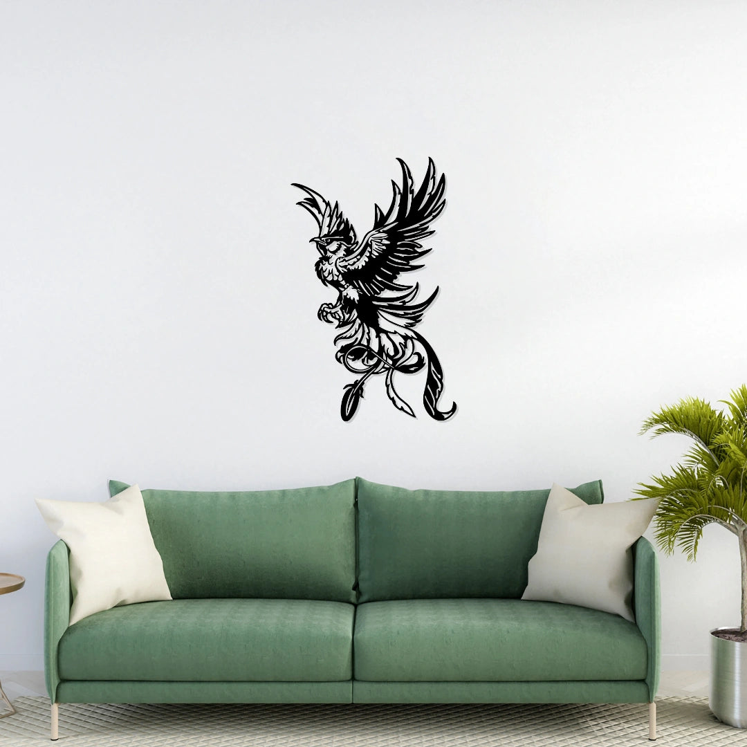 Matte black phoenix bird metal wall art with floral tail displayed above sofa