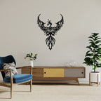 Matte black tribal phoenix metal wall art displayed above sideboard in living room