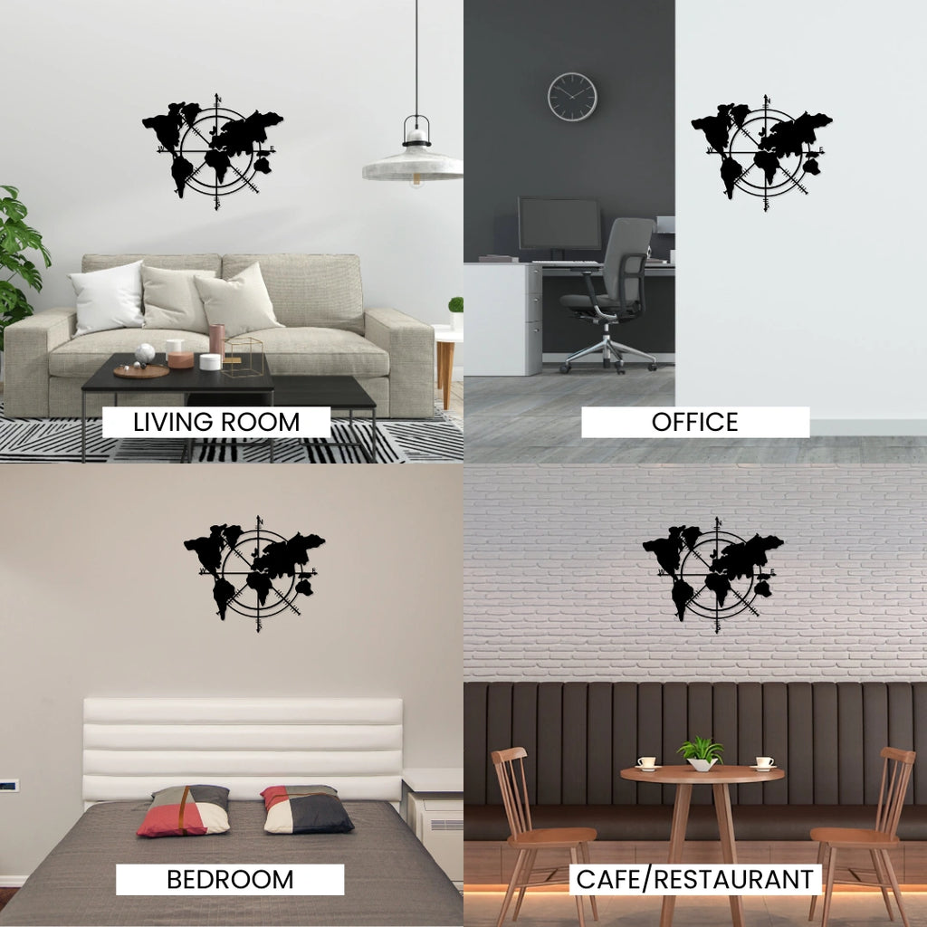 Matte black world map compass metal wall decor shown in living room, office, bedroom and cafe