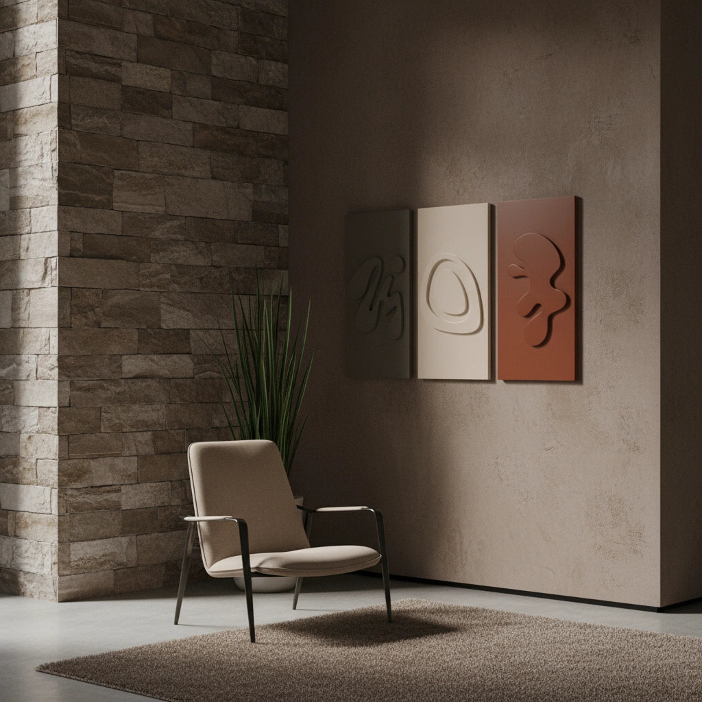 Modern MDF wall art set of 3 on wall beside chair in contemporary room