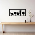 Modern bird silhouette metal wall decor in matte black above console table