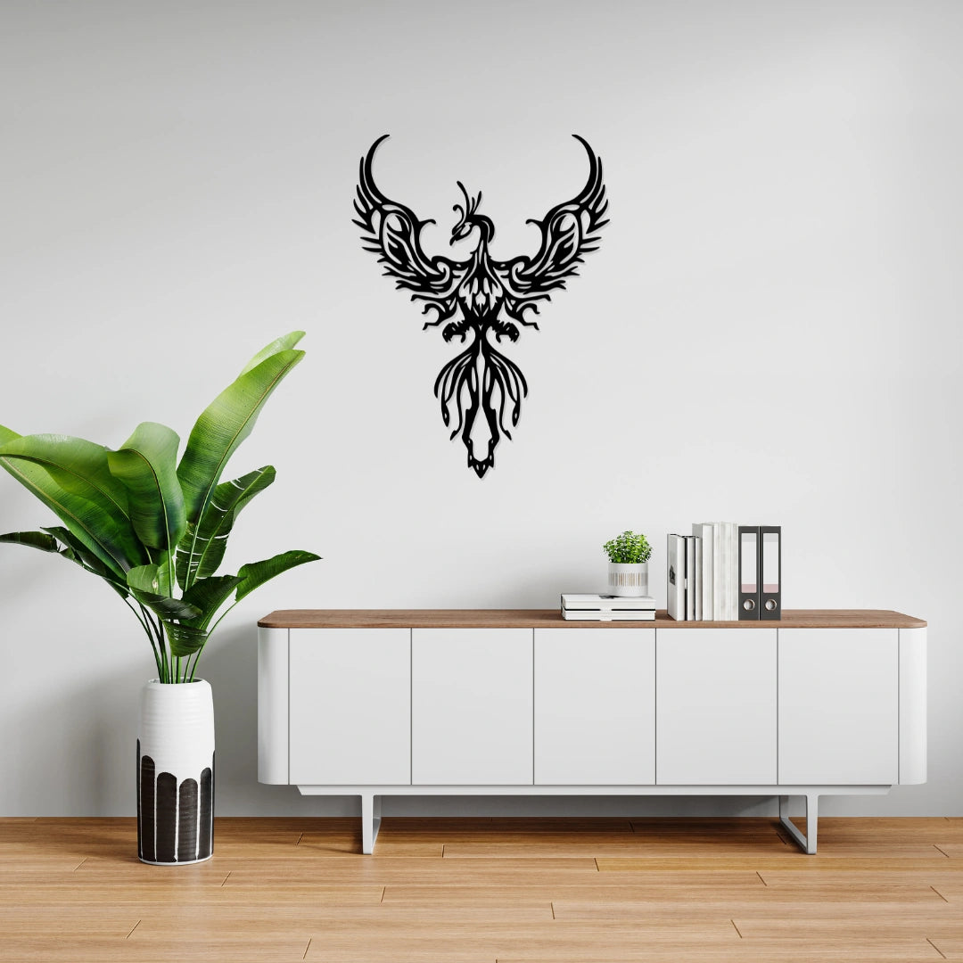Modern entryway styling with matte black phoenix metal wall decor above cabinet