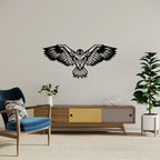 Modern living room decor with matte black geometric eagle metal wall hanging above cabinet