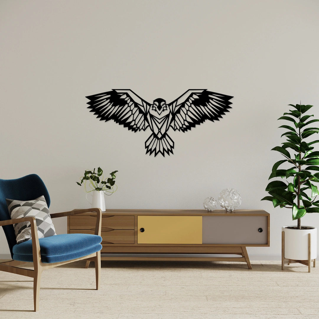 Modern living room decor with matte black geometric eagle metal wall hanging above cabinet