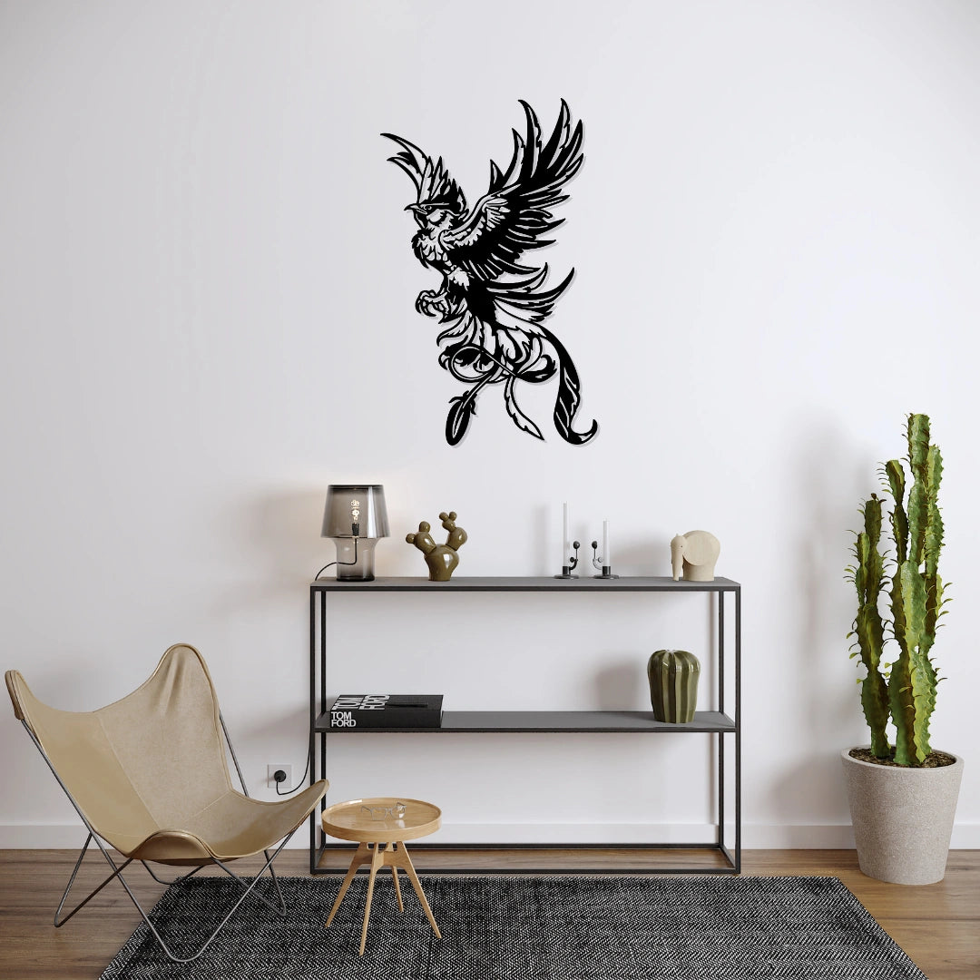 Modern matte black phoenix metal wall decor hanging above console table