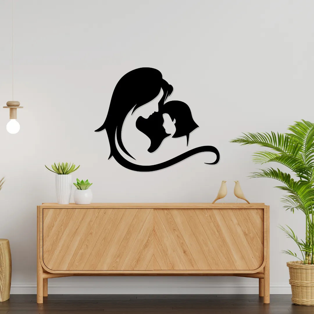 Mother and child silhouette metal wall art décor in living room