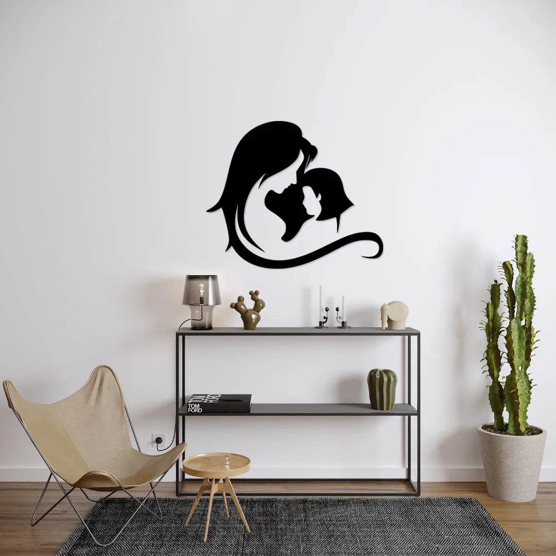 Mother and child silhouette metal wall hanging on modern wall shelf setup