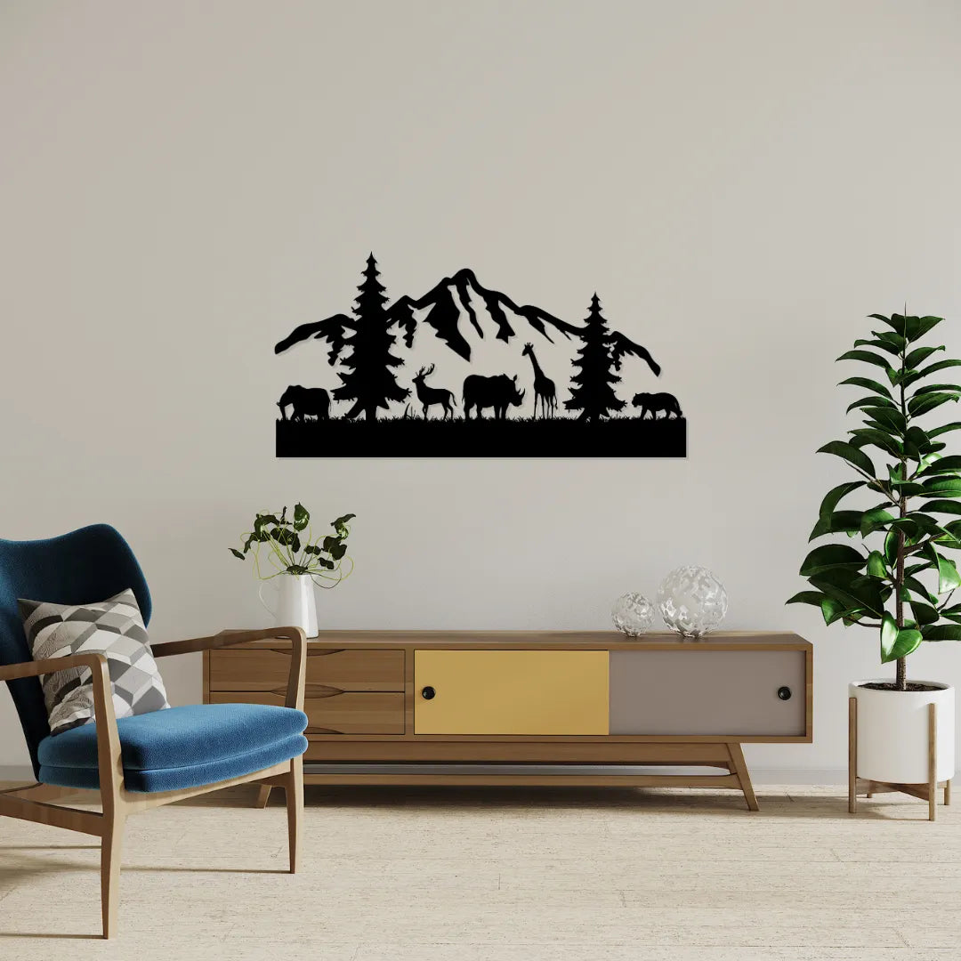 Mountain wildlife metal wall art above TV unit in living room