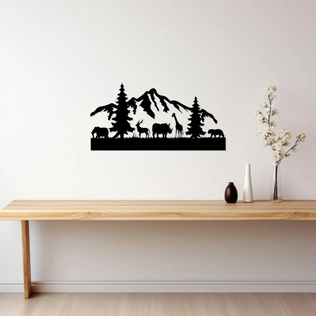 Mountain wildlife metal wall art above console table