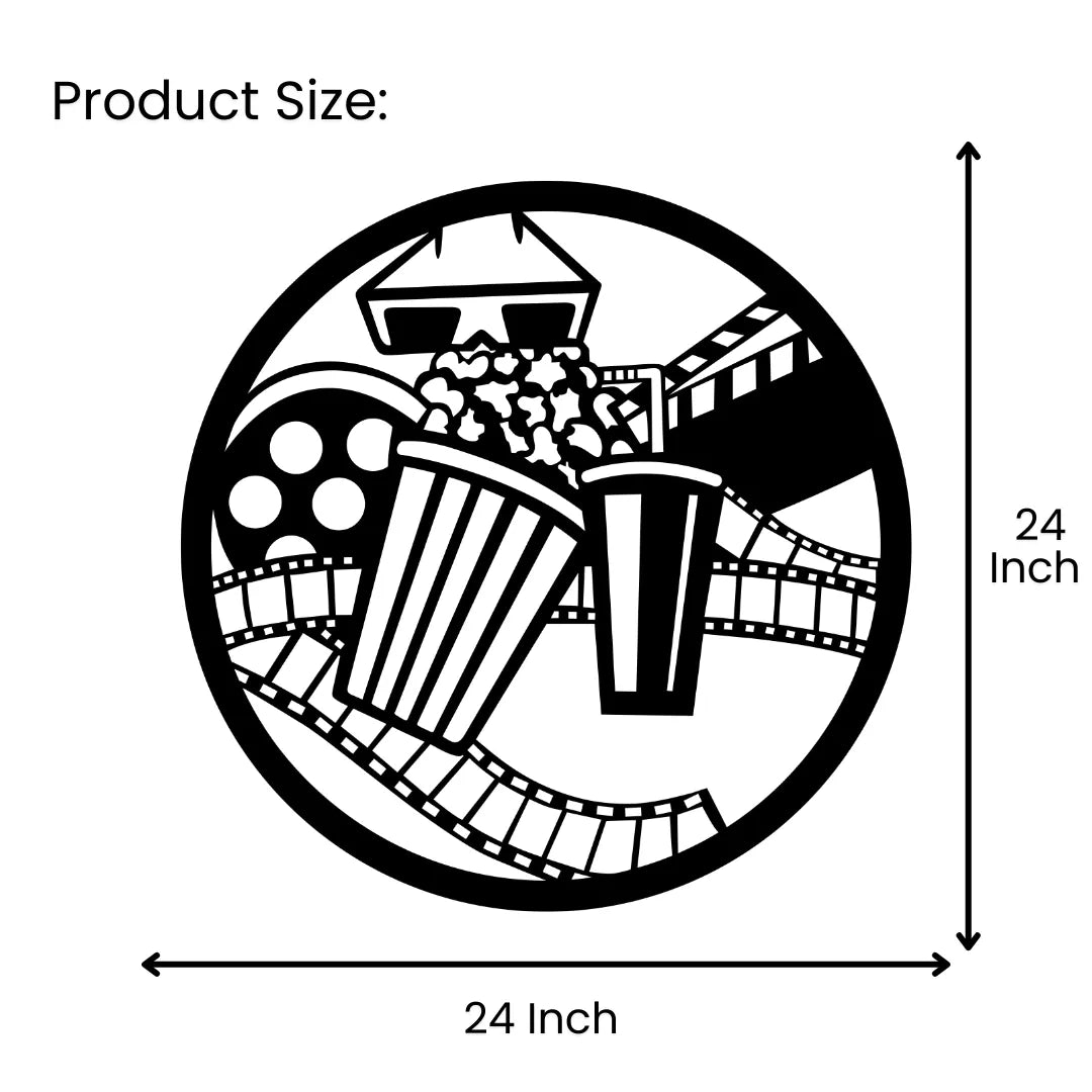 Movie theme metal wall art size chart showing 24x24 inch round design