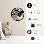 Movie theme metal wall art with feature icons for powder coated finish and durability