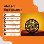 Om Table Lamp features infographic showing warm LED, durable material, 6-inch size, and gift use
