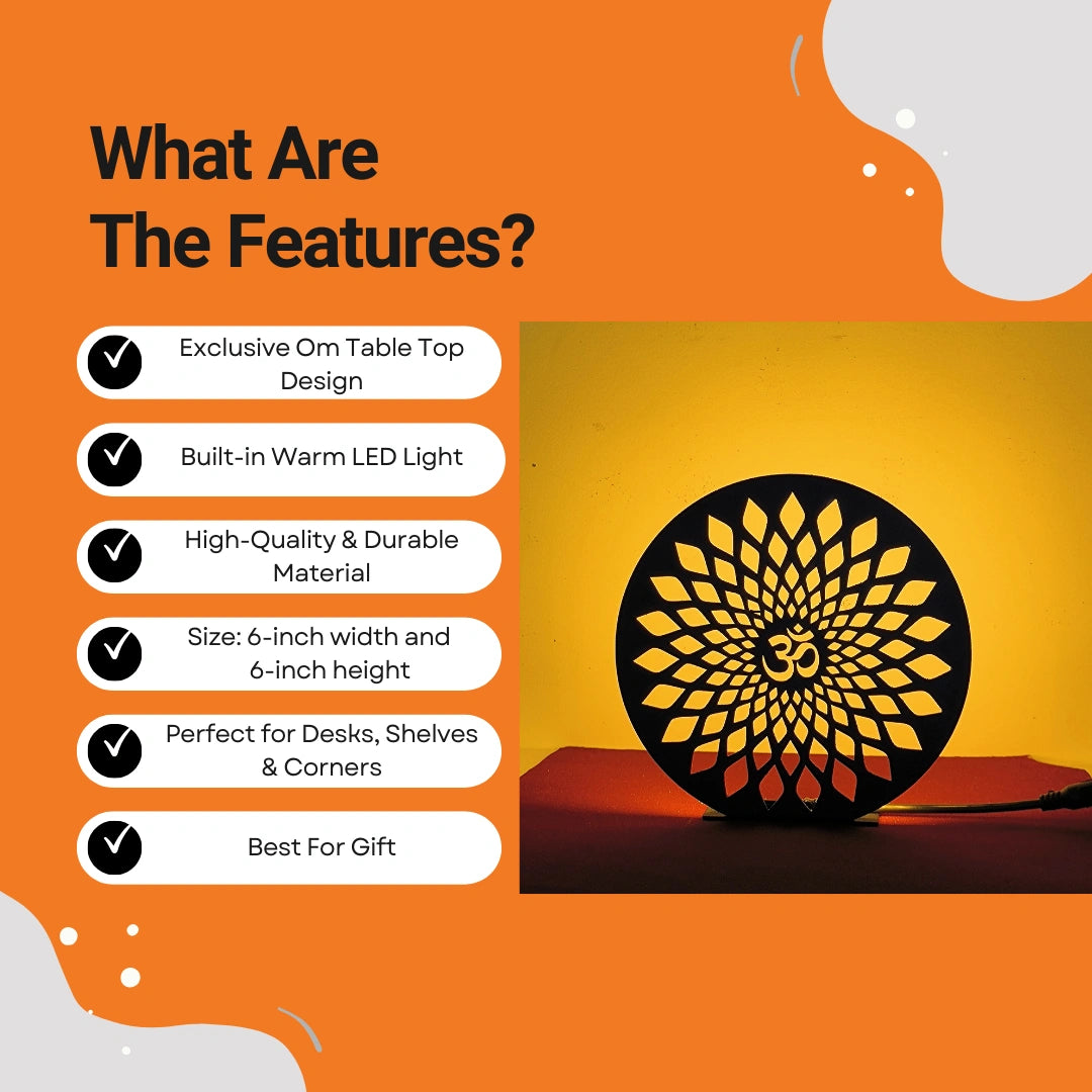 Om Table Lamp features infographic showing warm LED, durable material, 6-inch size, and gift use