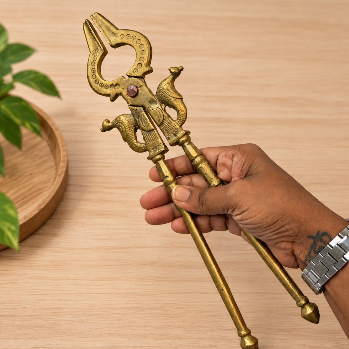 Antique Hand-Casted Brass Pakkad Utensil Holder with Peacock Design