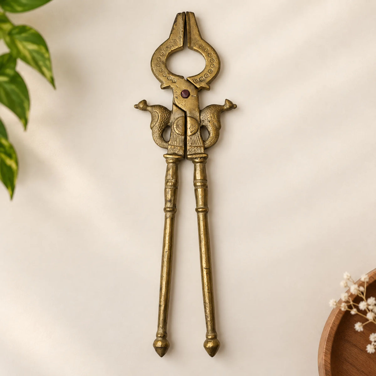 Antique Hand-Casted Brass Pakkad Utensil Holder with Peacock Design