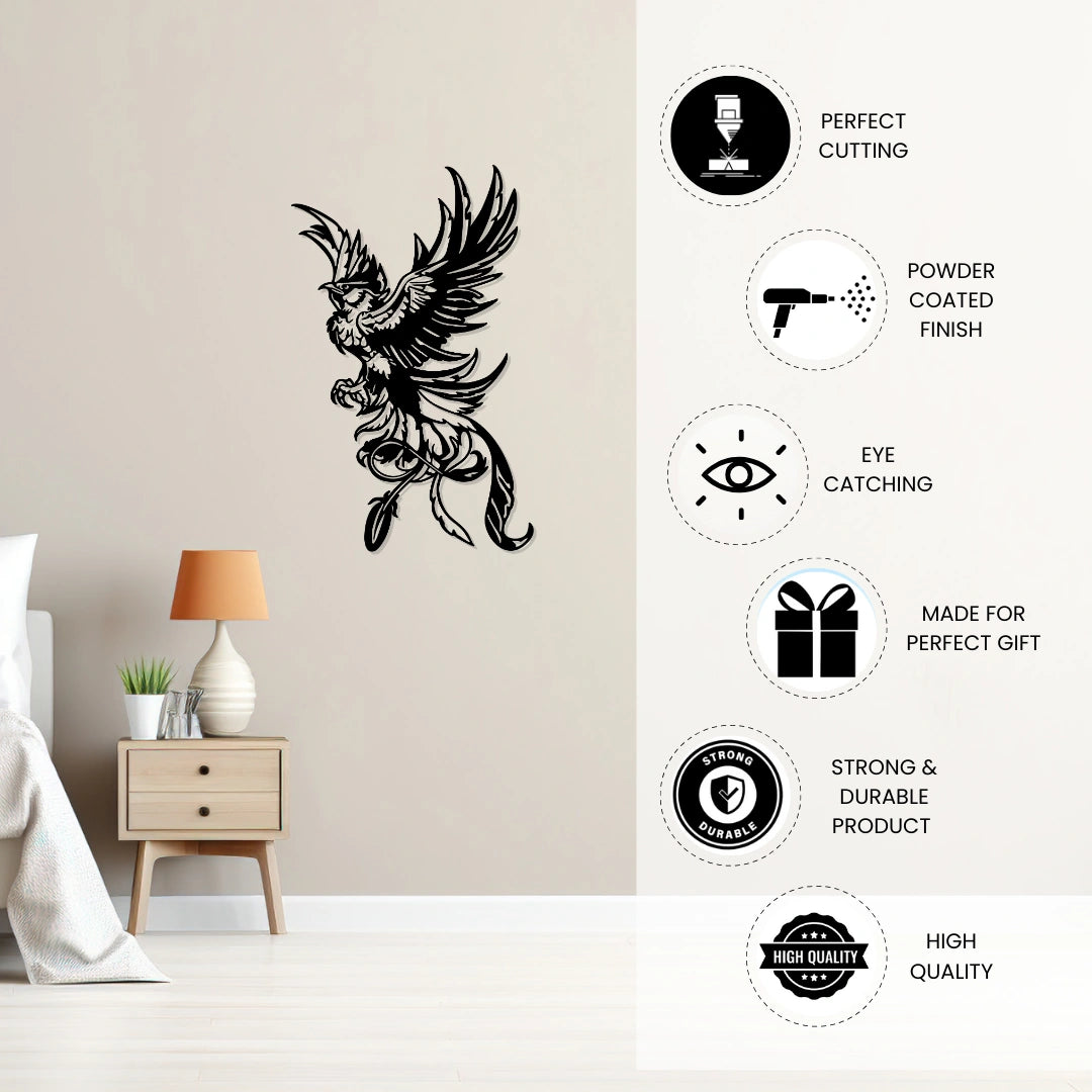 Phoenix bird metal wall art highlighting precision cutting and powder coated durable finish