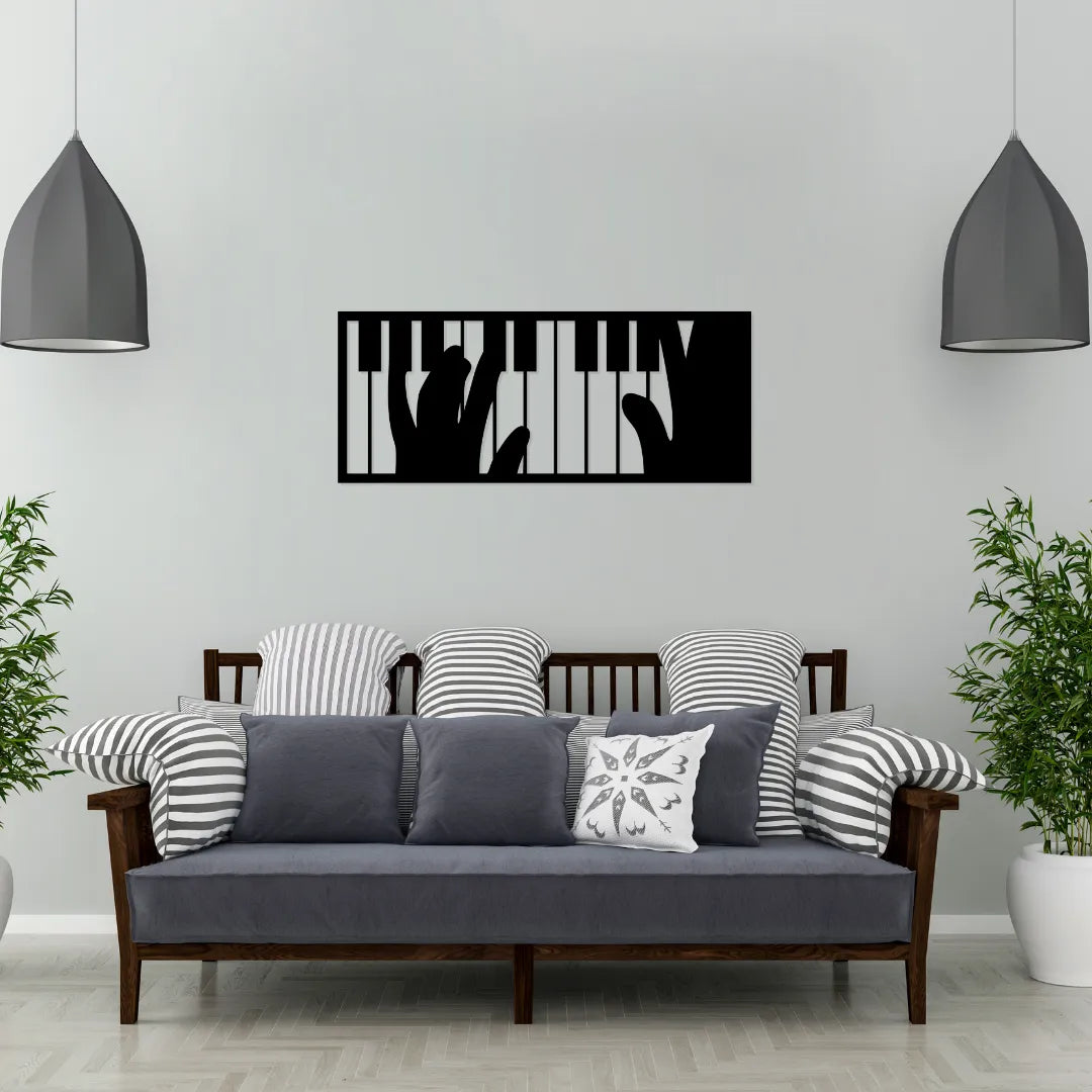 Piano keyboard metal wall hanging black matte finish music wall decoration above sofa