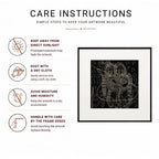 Radha-Krishna Surpur Line Art Painting Infographic with icons for sunlight, dusting, moisture, and handling care tips
