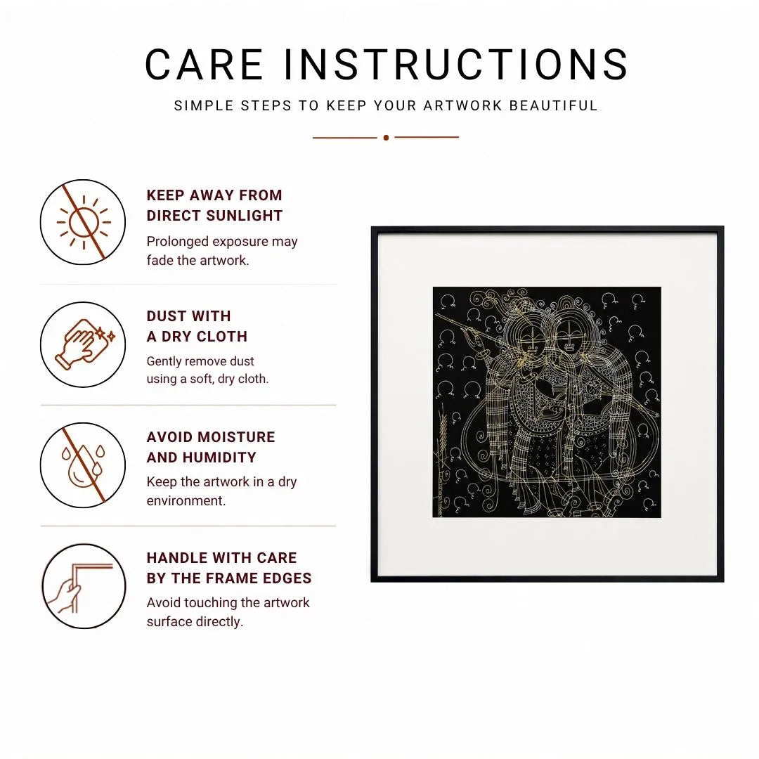 Radha-Krishna Surpur Line Art Painting Infographic with icons for sunlight, dusting, moisture, and handling care tips
