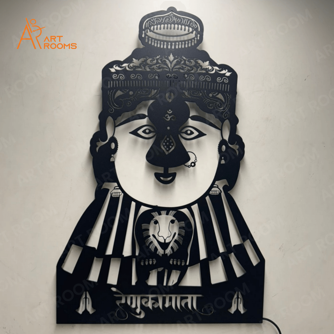 Goddess Renuka Mata wall hanging metal art with backlit LED for pooja room