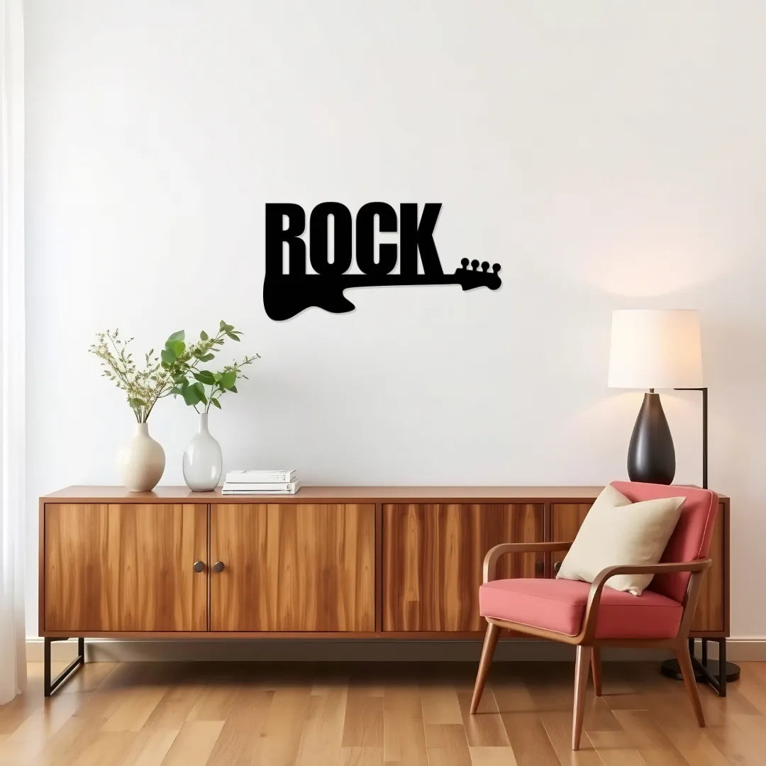 Rock guitar metal wall art black matte finish music wall decor above console
