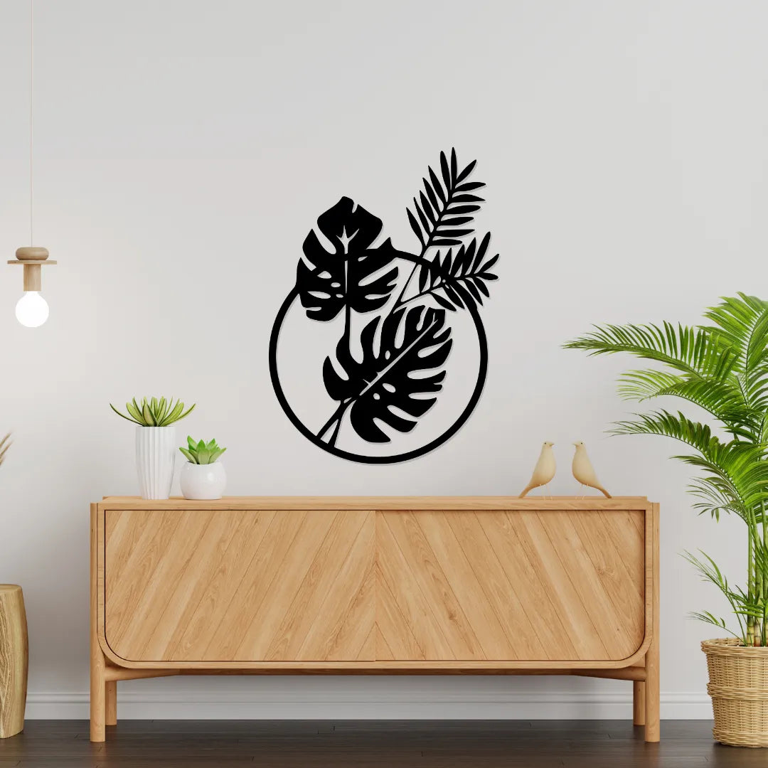 Round leaf metal wall art in modern living room