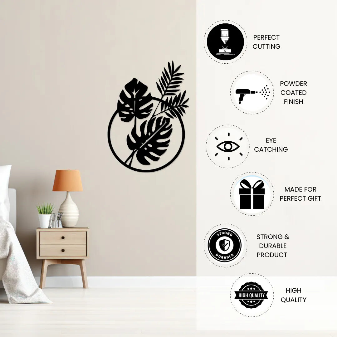 Round leaf metal wall art laser cut features