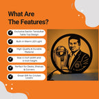 Sachin Tendulkar Table Lamp features infographic showing warm LED, durable material, 6-inch size, and gift use