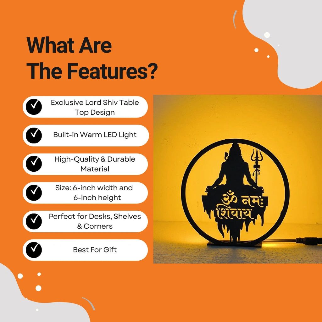 Shiv Table Lamp features infographic showing warm LED, durable material, 6-inch size, and gift use