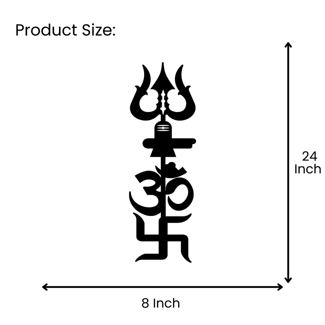 Shiv Trishul Om Swastik Metal Wall Art - size 24x8 inch