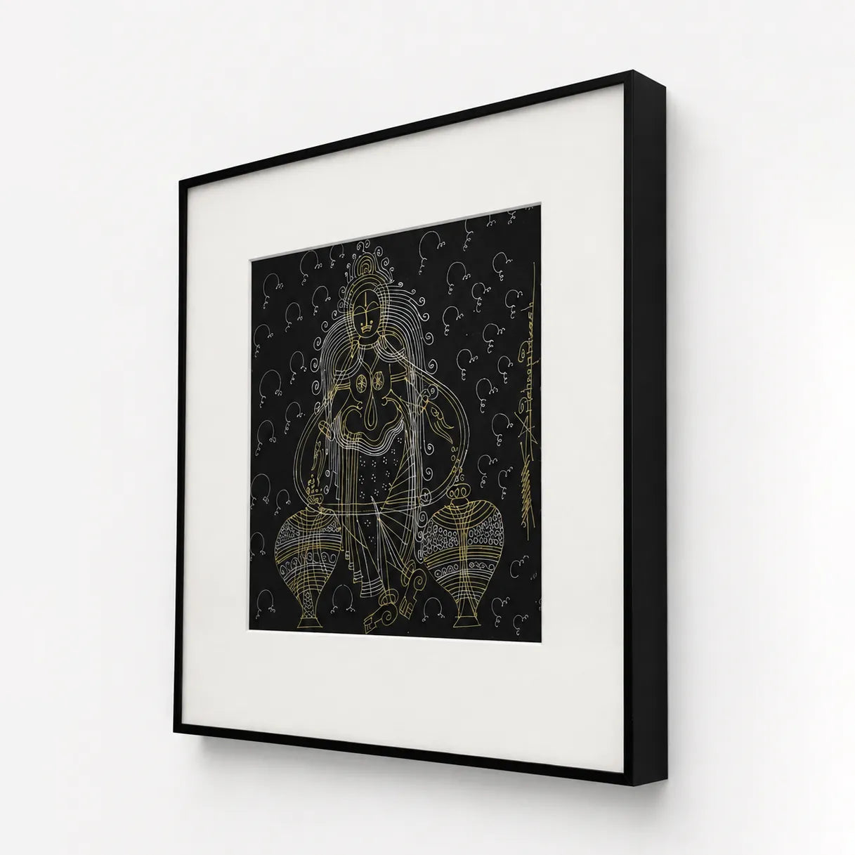 Side angle of black metal frame showing depth on Goddess Laxmi wall art
