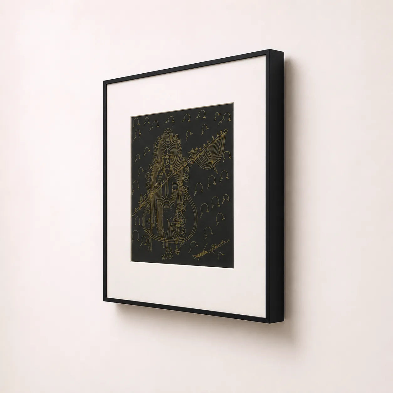 Side angle of black metal frame showing depth on Goddess Saraswati wall art
