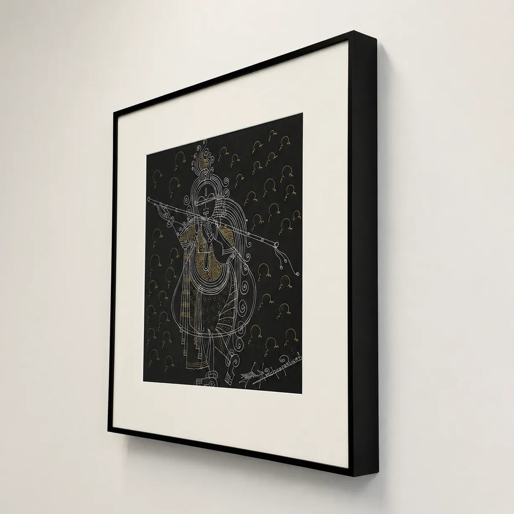 Side angle of black metal frame showing depth on Krishna wall art
