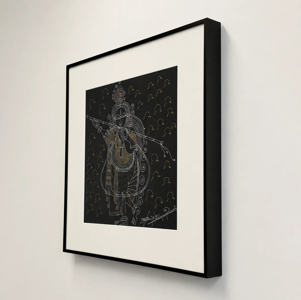 Side angle of black metal frame showing depth on Krishna wall art
