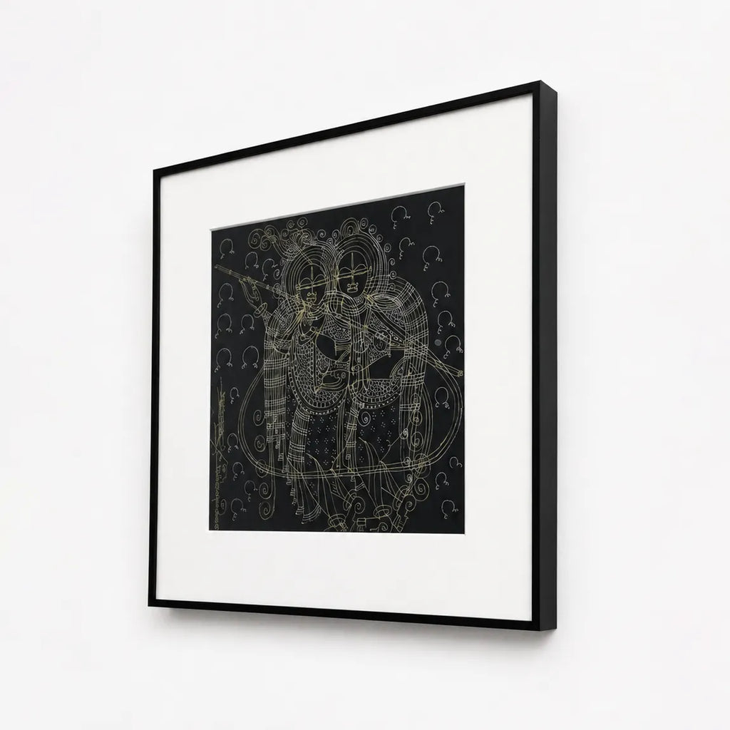 Side angle of black metal frame showing depth on Radha-Krishna wall art
