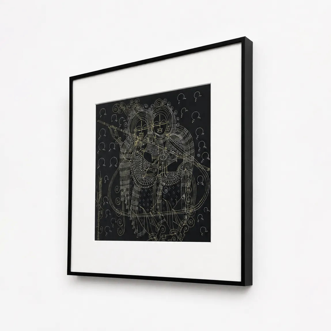 Side angle of black metal frame showing depth on Radha-Krishna wall art
