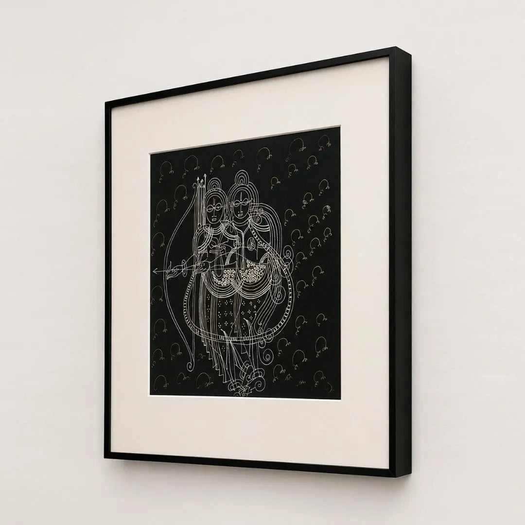 Side angle of black metal frame showing depth on Ram-Seeta wall art
