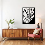 Spider-Man face silhouette metal wall decor in matte black shown in modern living room