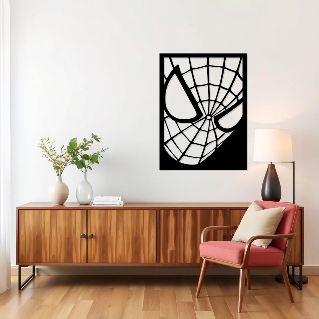 Spider-Man face silhouette metal wall decor in matte black shown in modern living room