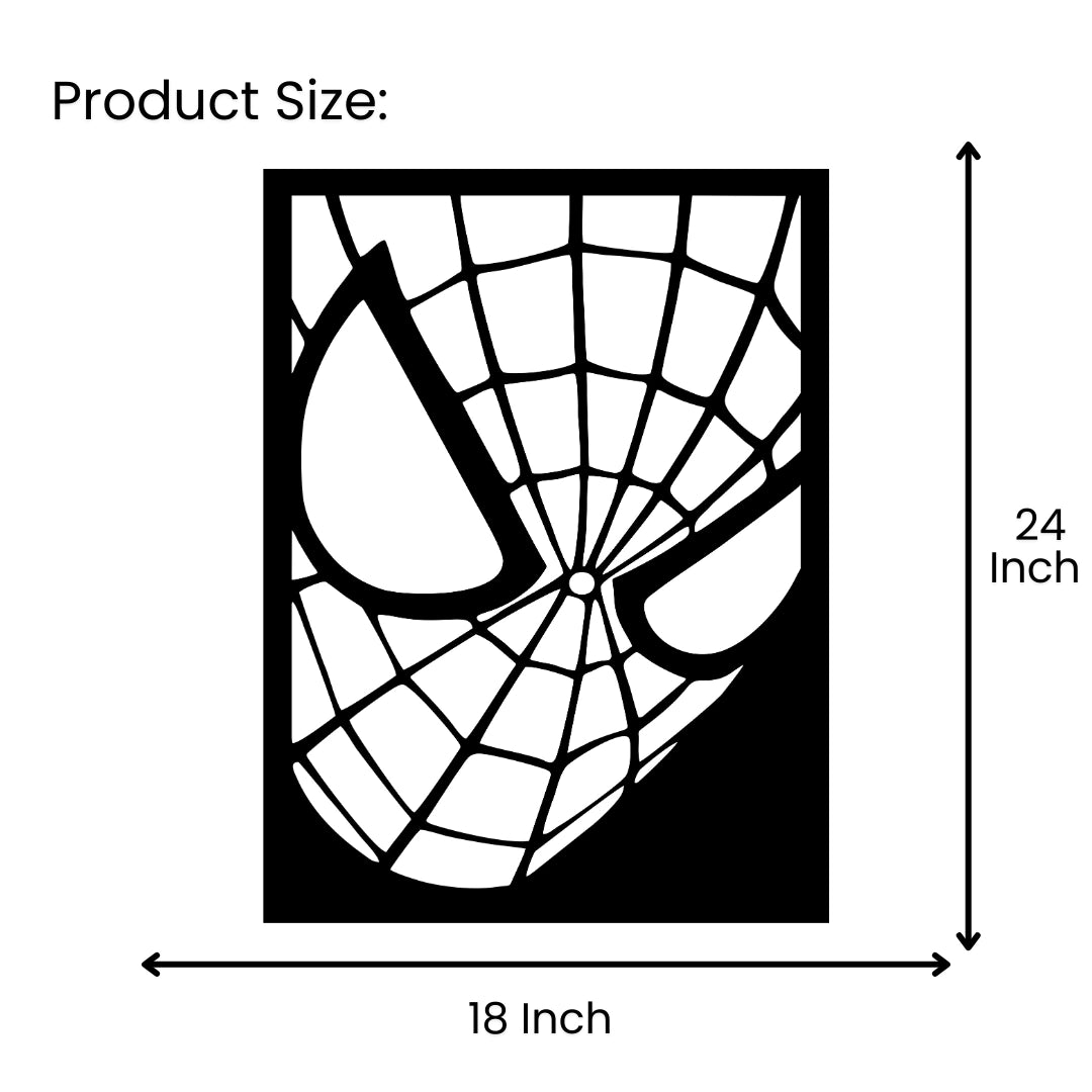 Spider-Man mask metal wall art size guide showing 18 inch width by 24 inch height